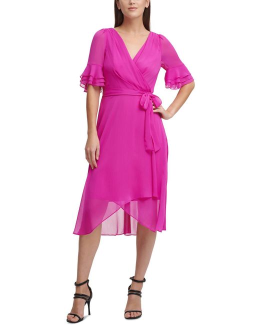DKNY Pink Puff Sleeve Hi-low Midi Dress