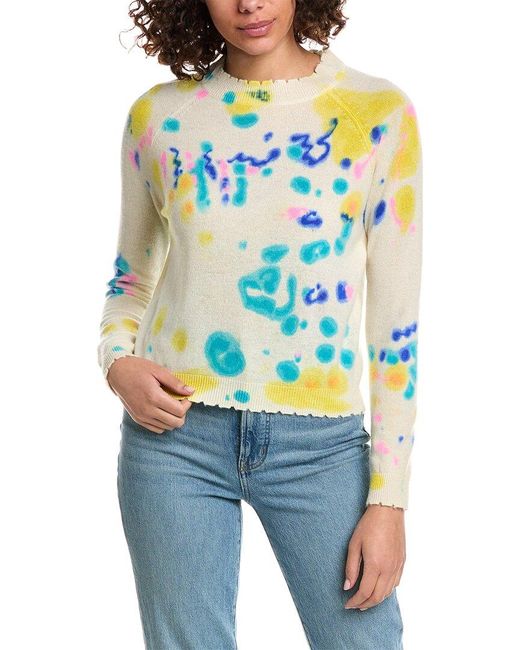 Minnie Rose Blue Frayed Printed Tie-dye Cashmere Sweater