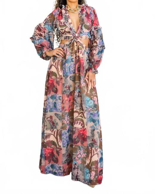 SurelyMine White Patchwork Floral Maxi Dress Plunge Ruffle Cutout Style