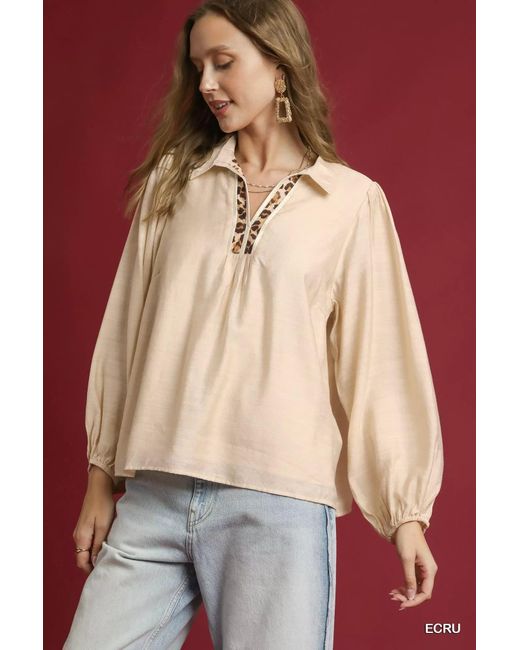 TRUEDAMES Red Long Sleeve Blouse With Leopard Print Trim