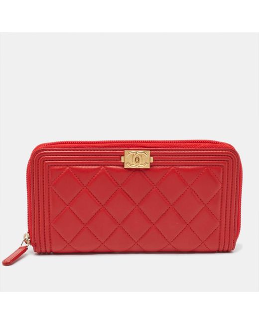 Chanel Red Quilted Leather Boy Zip Around Wallet