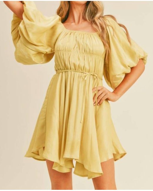 ..,merci Yellow Shiny Bubble Sleeve Mini Dress