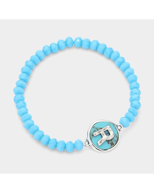 Fashnzfab Blue R- Initial Monogram Charm Faceted Beaded Stretch Bracelet