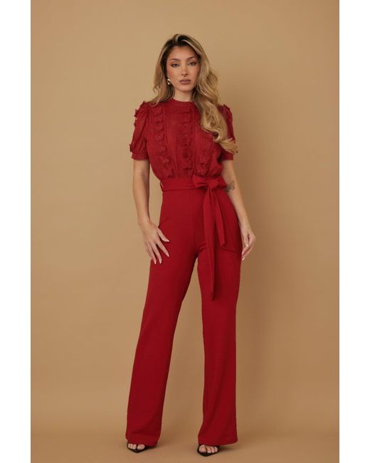 TRUEDAMES Red Multi Butterfly Sheer Pattern Jumpsuit