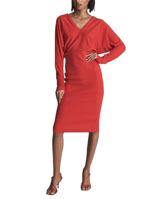 Reiss Red Jenna Ruched Sleeve Wool-blend Dress