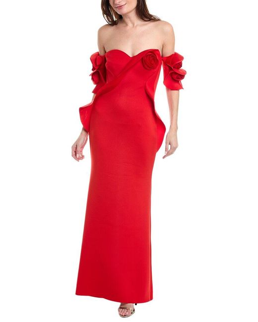 Badgley Mischka Red Rose Off-the-shoulder Gown