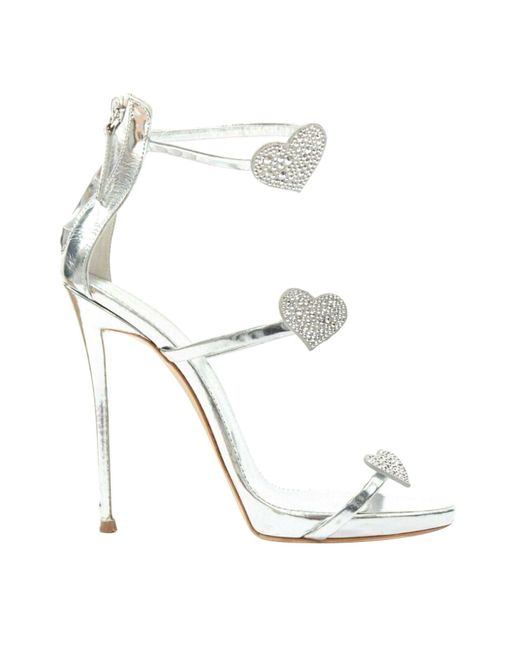 Giuseppe Zanotti White Coline Leather Crystal Heart High Heel Sandals