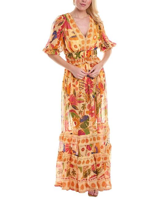 Farm Rio Orange Tapestry Tiered Hem Maxi Dress