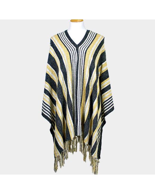 TRUEDAMES Green Striped Fringe Edge Poncho Sweater