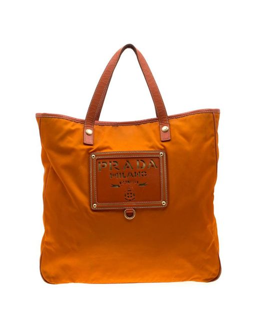 Prada Orange Nylon And Leather Lasercut Logo Tote