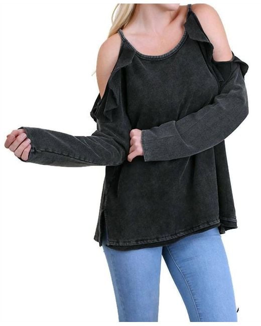 Umgee Black Ruffled Open Shoulder Tunic
