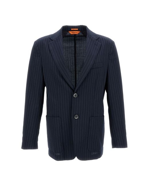 Barena Blue Pinstripe Wool Blend Single-Breasted Jacket With Patch Pockets for men