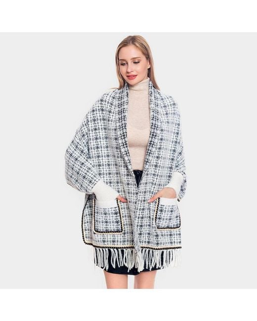 TRUEDAMES Gray Plaid Check Patterned Poncho