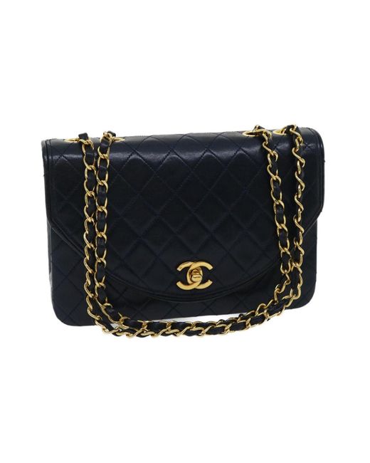 Chanel Black Matelasse Chain Flap Shoulder Bag Lamb Skin Navy Gold Cc Auth Am2602ga