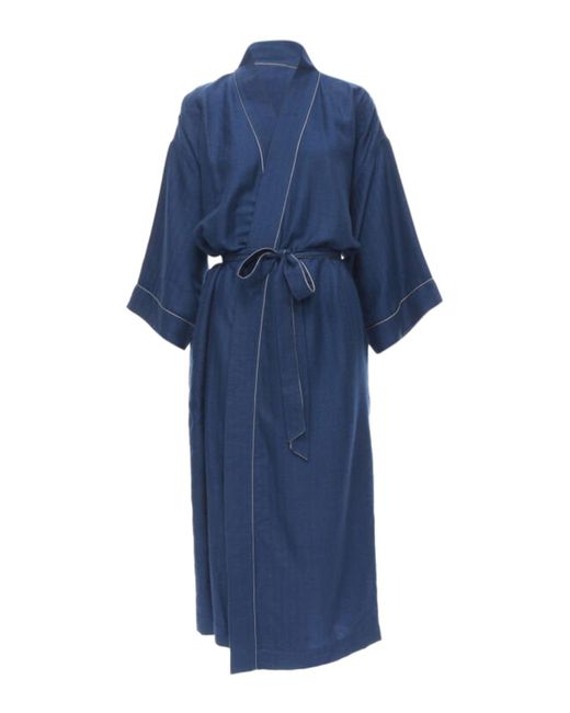Hermès Blue Hermes Paris 100% Cashmere Hand Woven Suede Leather H Logo Belted Robe