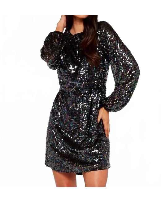 Apricot Black Sequin Puff Sleeve Tie Waist Mini Dress