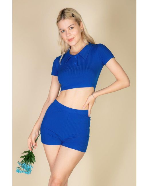 Fashnzfab Blue Ribbed Collared Short Sleeve Crop Top & Shorts Set