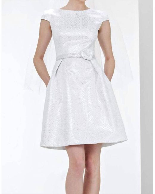 THEIA White Cap Sleeve Bateau Jacquard Bridal Dress