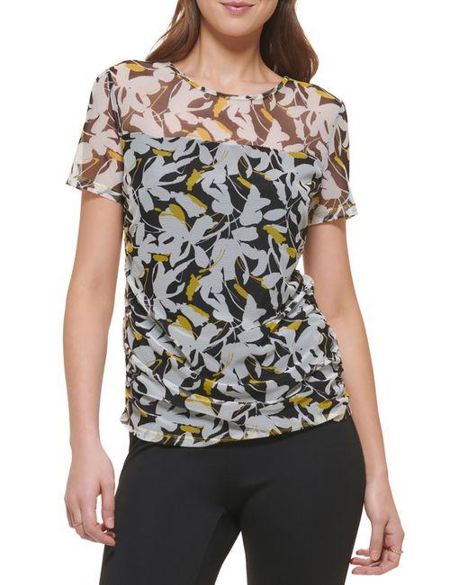 DKNY Black Mesh Floral Pullover Top