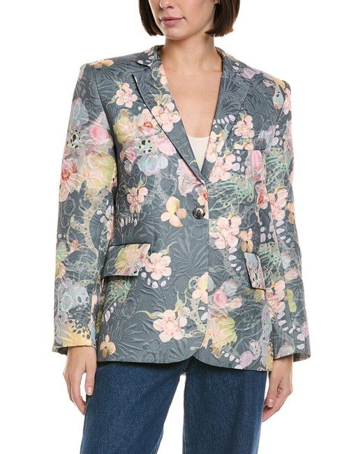Cynthia Rowley Blue Printed Brocade Oversized Blazer