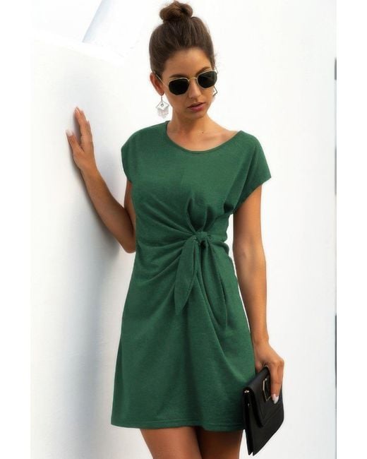 TRUEDAMES Green Solid Twist Knot Front Short Sleeve Tee Fit Dress