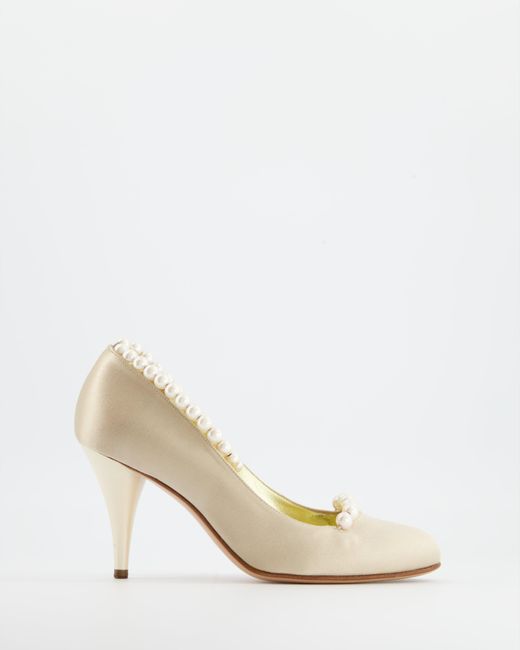 Chanel White Cream Satin Heel With Pearl Detail