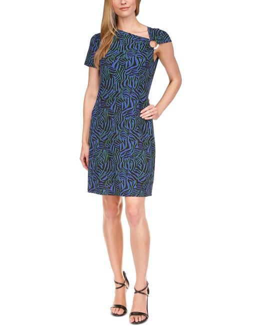 MICHAEL Michael Kors Blue Asymmetrical Neckline Embellished Wear To Work Dress