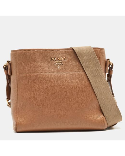Prada Brown Vitello Daino Leather Logo Shoulder Bag