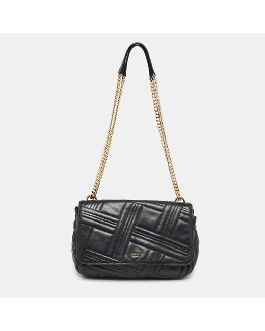 DKNY Black Quilted Leather Flap Shoulder Bag