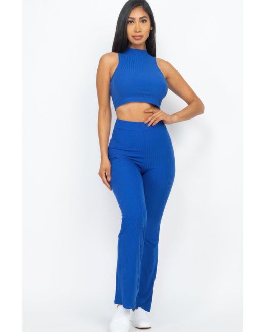 TRUEDAMES Blue Ribbed Mock Neck Crop Tank Top & Bootcut Pants Set