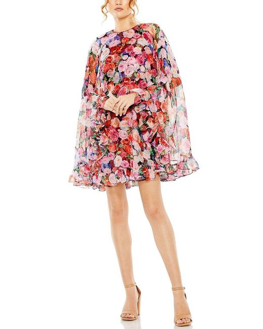 Mac Duggal Red Floral Print High-Neck Ruffle Hem Cape Mini Dress