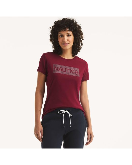 Nautica Red Sustainably Crafted Rhinestone Logo Graphic T-Shirt