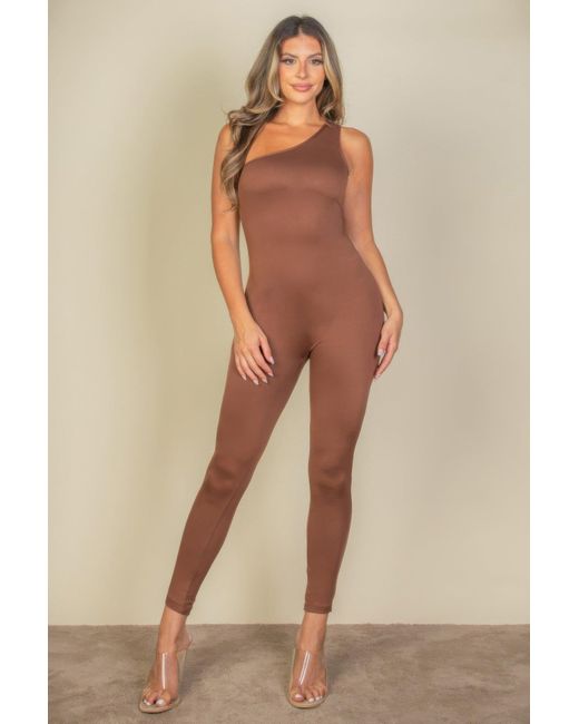 TRUEDAMES Natural Solid Color One Shoulder Jumpsuit