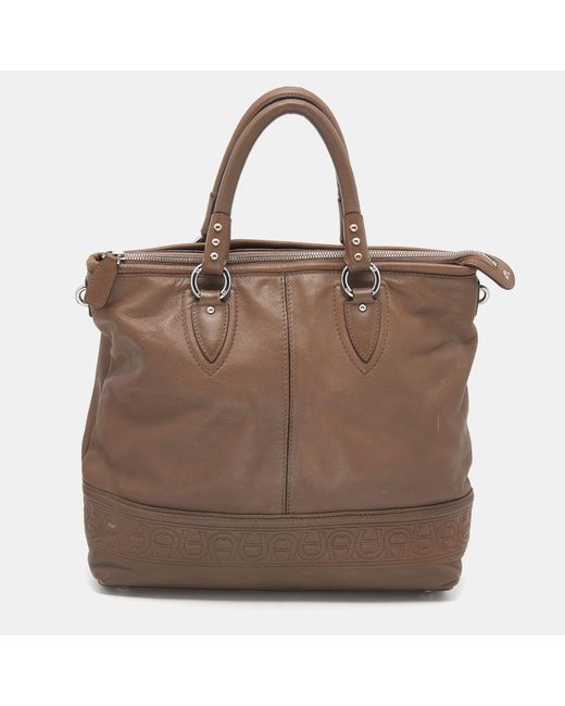 Aigner Brown Dark Taupe Leather Zip Tote