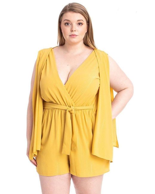 TRUEDAMES Yellow Shimmer Fabric Draped Open Sleeve Romper