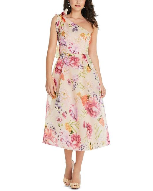 Alfred Sung Pink Floral Print Polyester Midi Dress