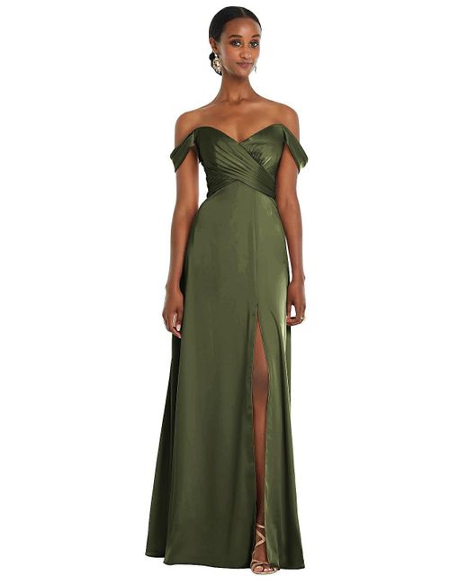 Dessy Collection Green Off-the-shoulder Flounce Sleeve Empire Waist Gown With Front Slit