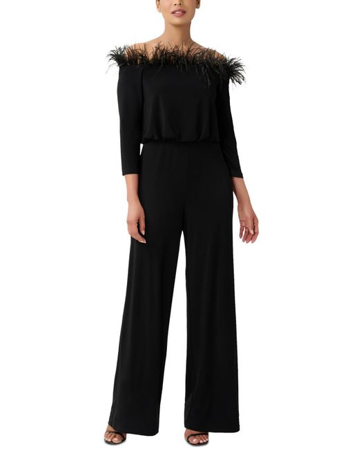 Adrianna Papell Black Feather-trim Off-the-shoulder Jumpsuit