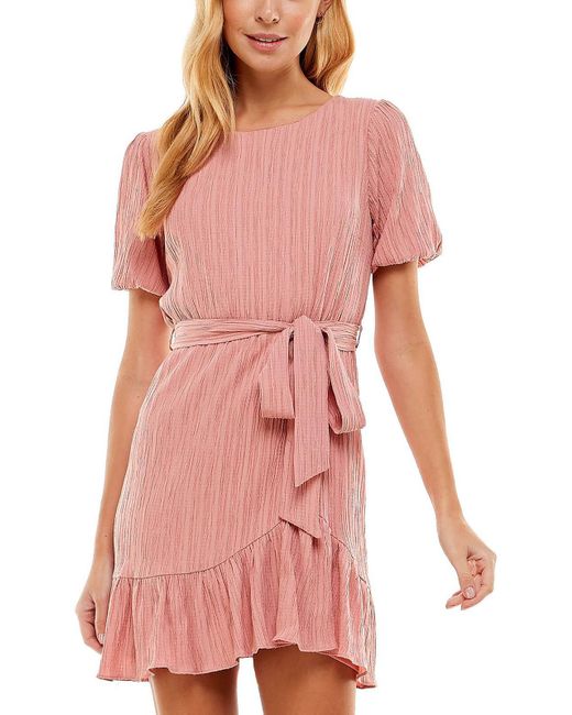 City Studios Pink Juniors Crinkled Short Sleeves Fit & Flare Dress