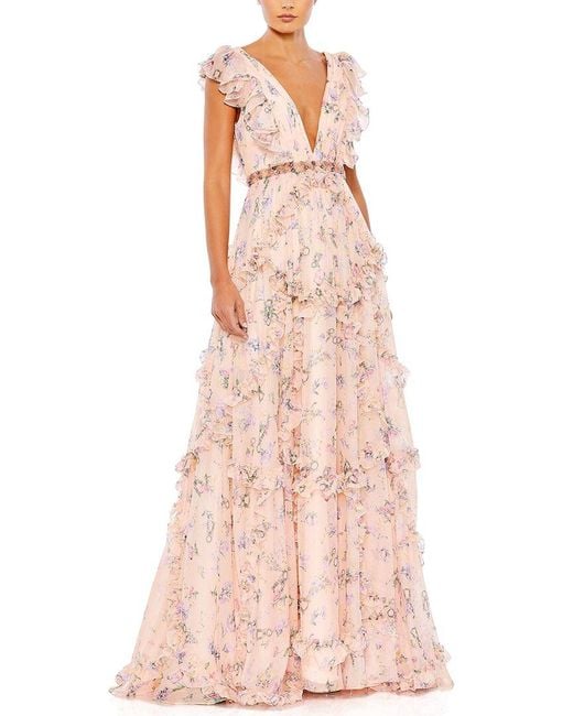 Mac Duggal Pink Ruffled Floral Print Cap Sleeve Gown