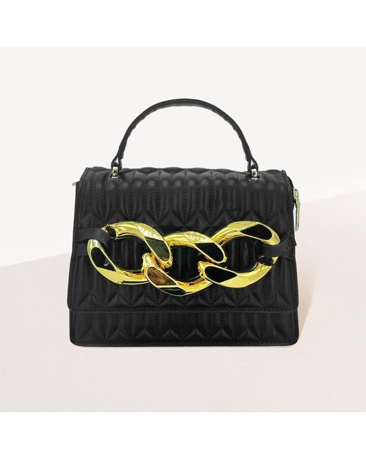 Fashnzfab Black Chunky Metal Trim Accented Faux Leather Top Handle Crossbody Bag