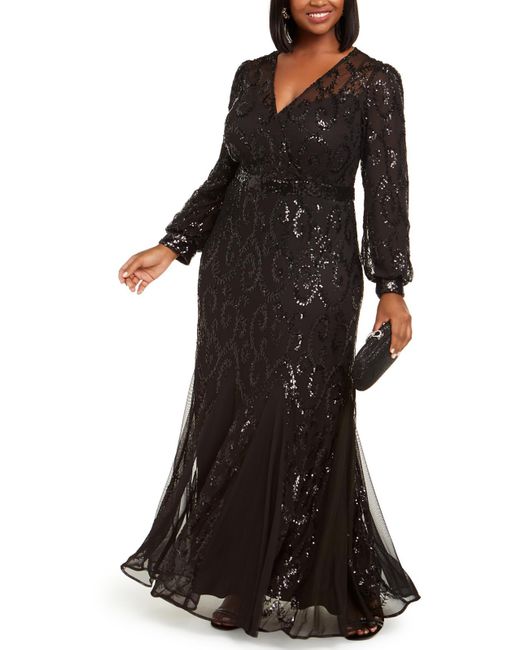 R & M Richards Black Plus Sequined Mesh Evening Dress