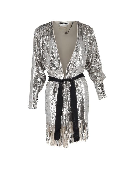 ROTATE BIRGER CHRISTENSEN Gray Samantha Belted Fringed Sequined Tulle Wrap Dress