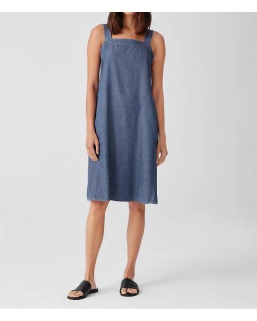 Eileen Fisher Blue Airy Organic Cotton Twill Square Neck Dress
