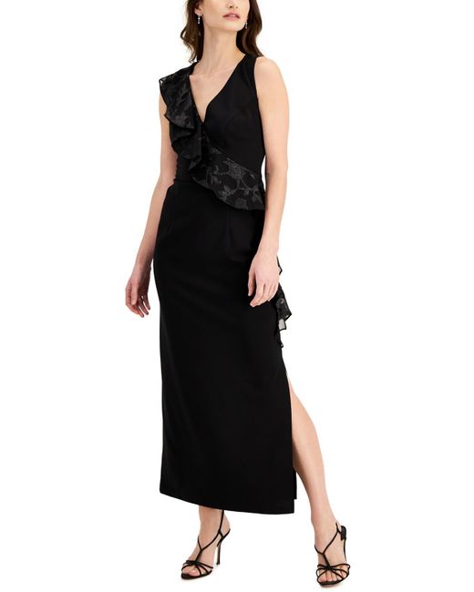 Connected Apparel Black Ruffle Split Hem Evening Dress