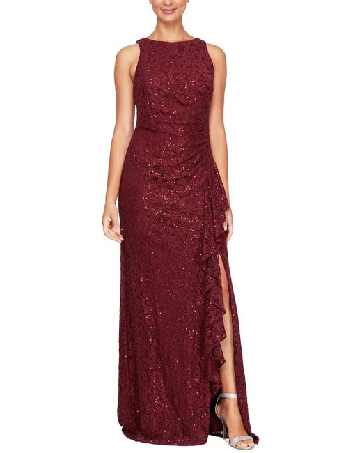 Alex Evenings Red Sequin Lace Cascading Ruffle Gown