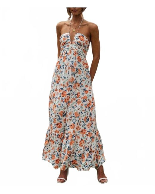 DressLily Orange Chiffon V Neck Floral Maxi Dress