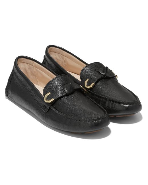 Cole Haan Black Evelyn Bow Driver Faux Leather Slip On Loafers