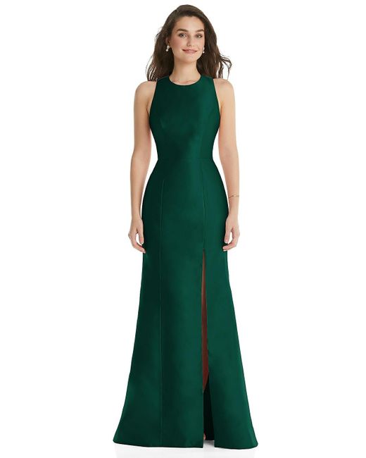 Alfred Sung Green Jewel Neck Bowed Open-back Trumpet Dress With Front Slit