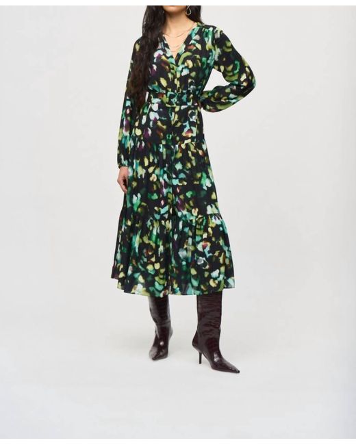Joseph Ribkoff Green Abstract Camo Belted A-Line Midi Dress